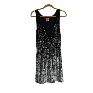 Tory Burch Black & Silver Sequin V Neck Sleeveless Silk Mini Dress Size XS